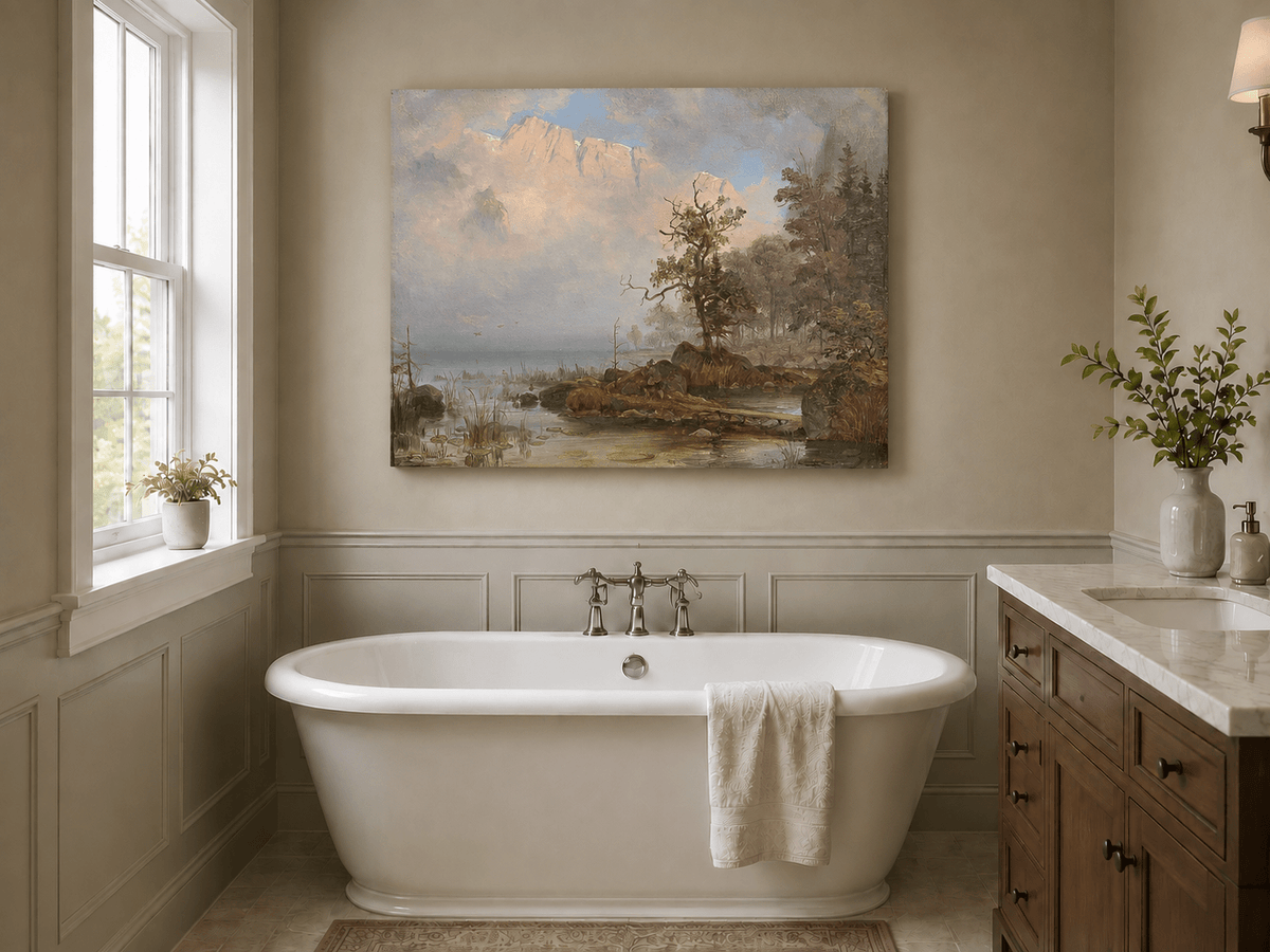 Landscape Oil Painting - Misty Lake with Lone Tree and Cliffs