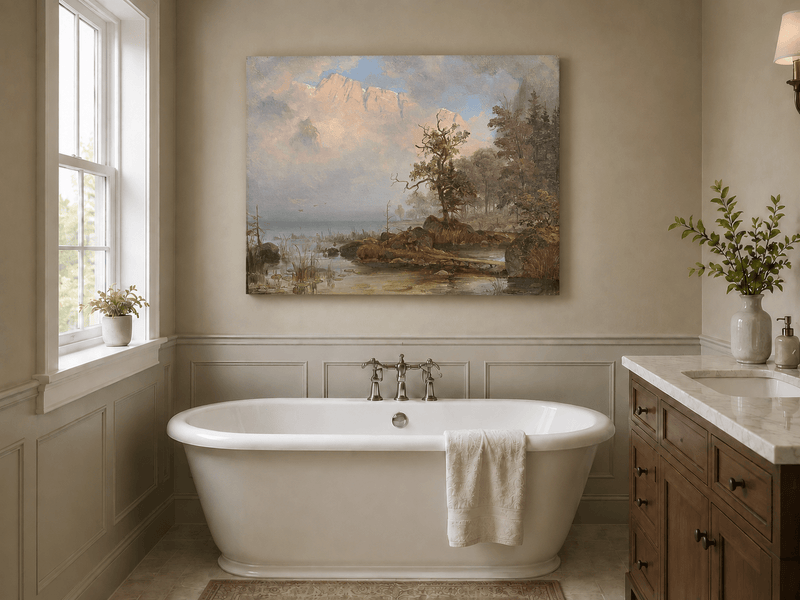 Landscape Oil Painting - Misty Lake with Lone Tree and Cliffs