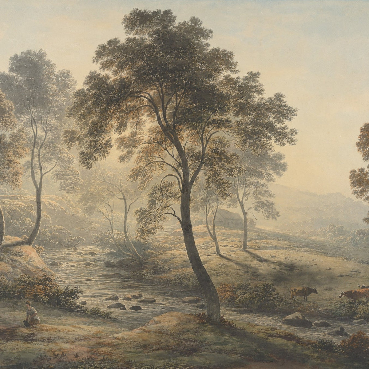 Landscape Oil Painting - Misty Morning Stream with Cattle - Oil Painting Haven