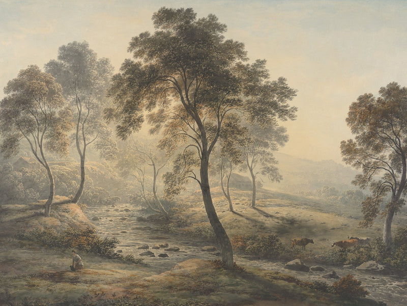Landscape Oil Painting - Misty Morning Stream with Cattle - Oil Painting Haven