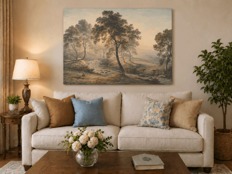 Peinture à l'huile de paysage - Gouffre rocheux spectaculaire avec personnages
