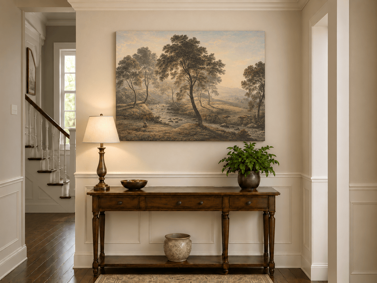 Peinture à l'huile de paysage - Gouffre rocheux spectaculaire avec personnages