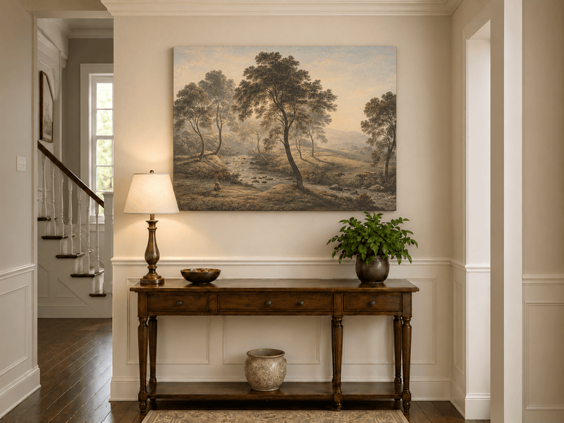 Peinture à l'huile de paysage - Gouffre rocheux spectaculaire avec personnages