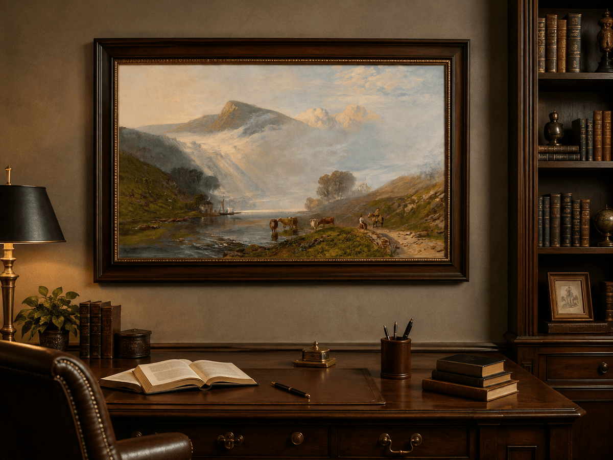 Peinture à l'huile de paysage - Gouffre rocheux spectaculaire avec personnages