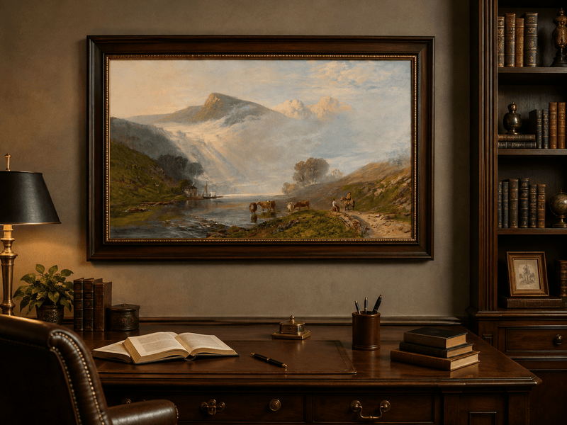 Peinture à l'huile de paysage - Gouffre rocheux spectaculaire avec personnages