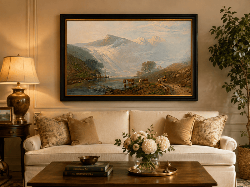 Peinture à l'huile de paysage - Gouffre rocheux spectaculaire avec personnages