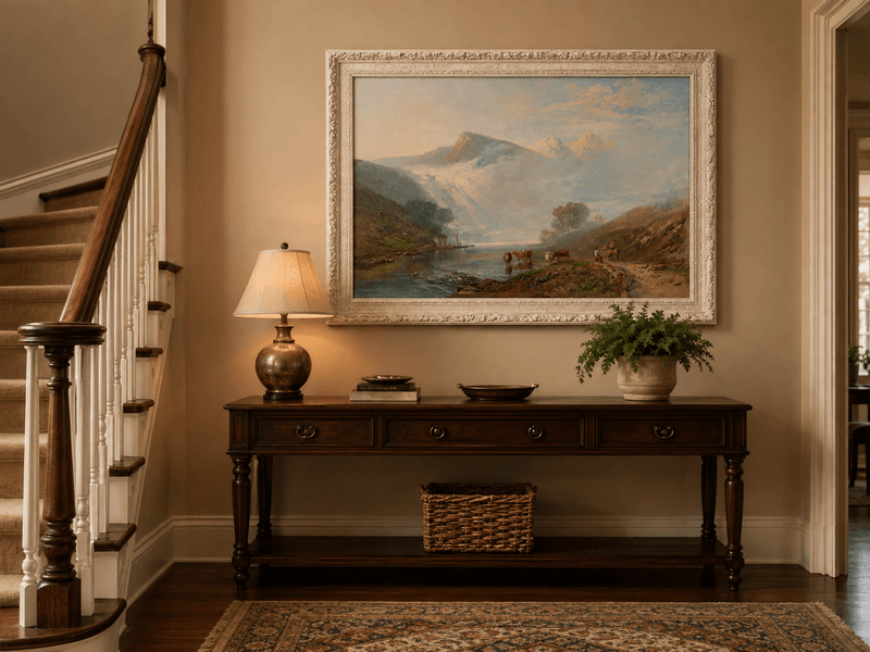 Peinture à l'huile de paysage - Gouffre rocheux spectaculaire avec personnages