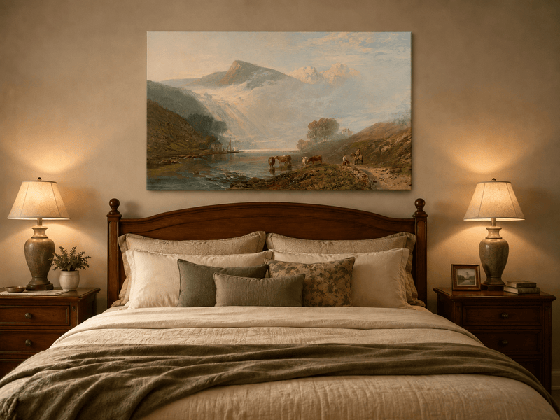 Peinture à l'huile de paysage - Gouffre rocheux spectaculaire avec personnages