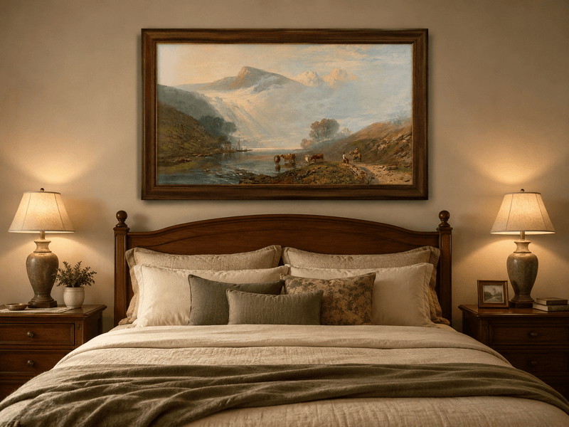 Peinture à l'huile de paysage - Gouffre rocheux spectaculaire avec personnages