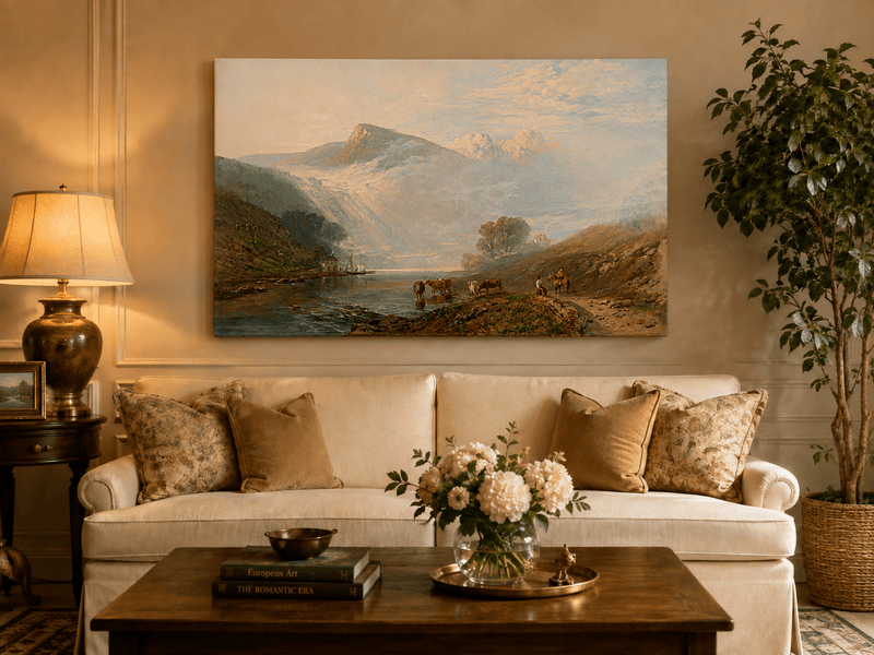 Peinture à l'huile de paysage - Gouffre rocheux spectaculaire avec personnages