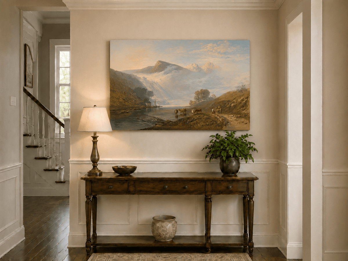 Peinture à l'huile de paysage - Gouffre rocheux spectaculaire avec personnages