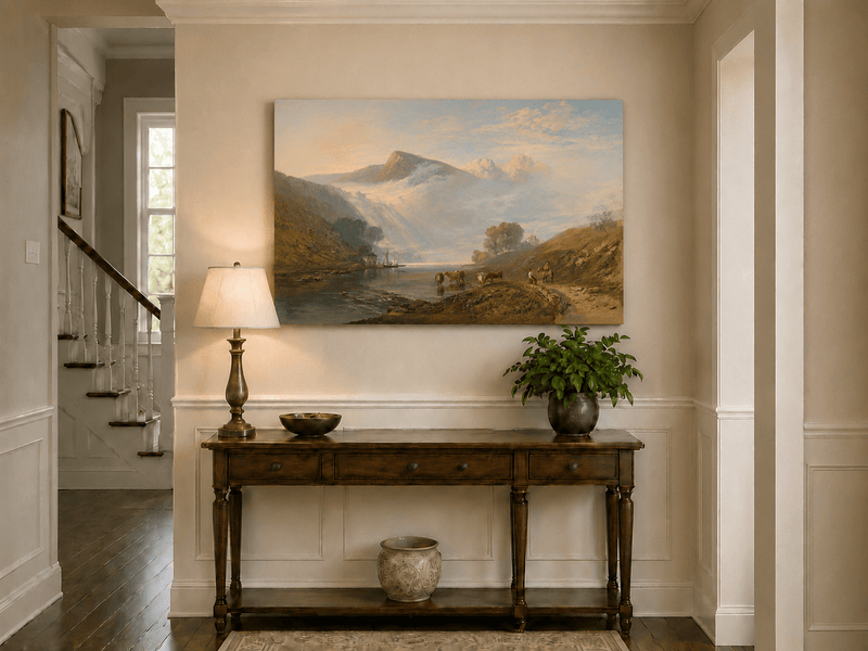 Peinture à l'huile de paysage - Gouffre rocheux spectaculaire avec personnages