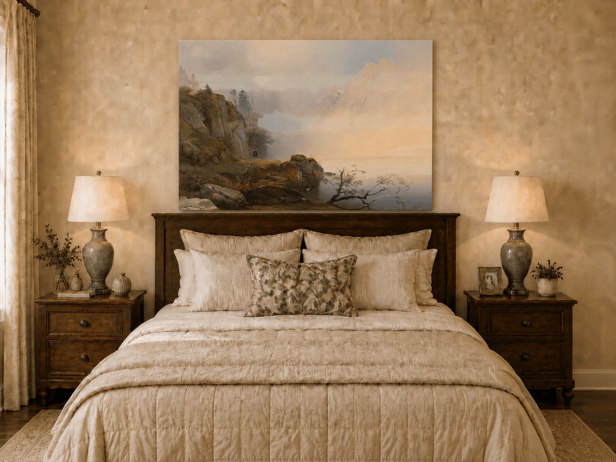 Landscape Oil Painting - Misty mountain lake & distant peaks