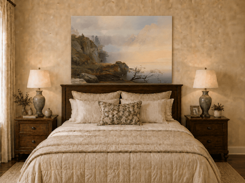Landscape Oil Painting - Misty mountain lake & distant peaks