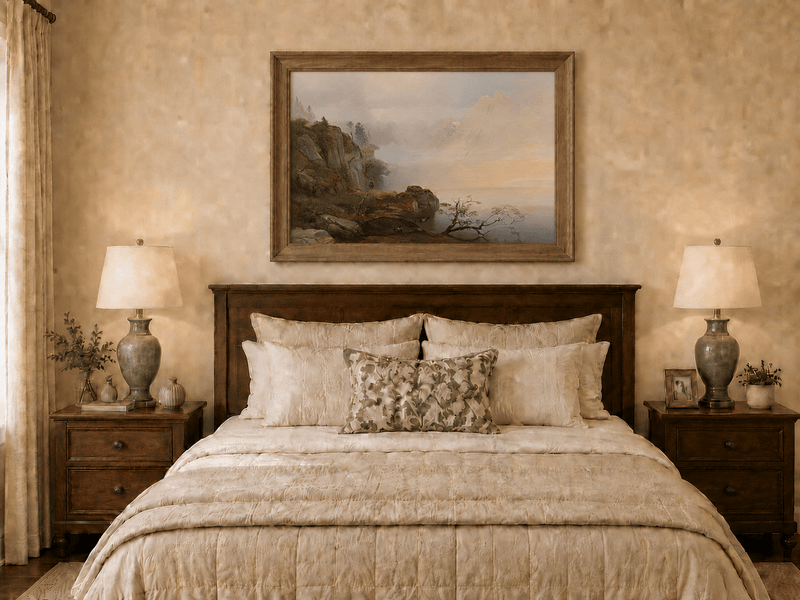 Landscape Oil Painting - Misty mountain lake & distant peaks