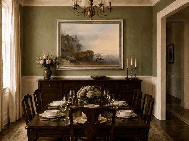 Landscape Oil Painting - Misty mountain lake & distant peaks