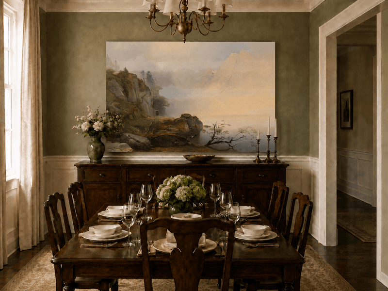 Landscape Oil Painting - Misty mountain lake & distant peaks