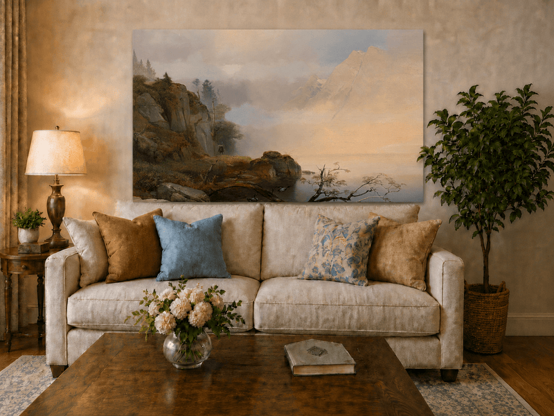 Landscape Oil Painting - Misty mountain lake & distant peaks