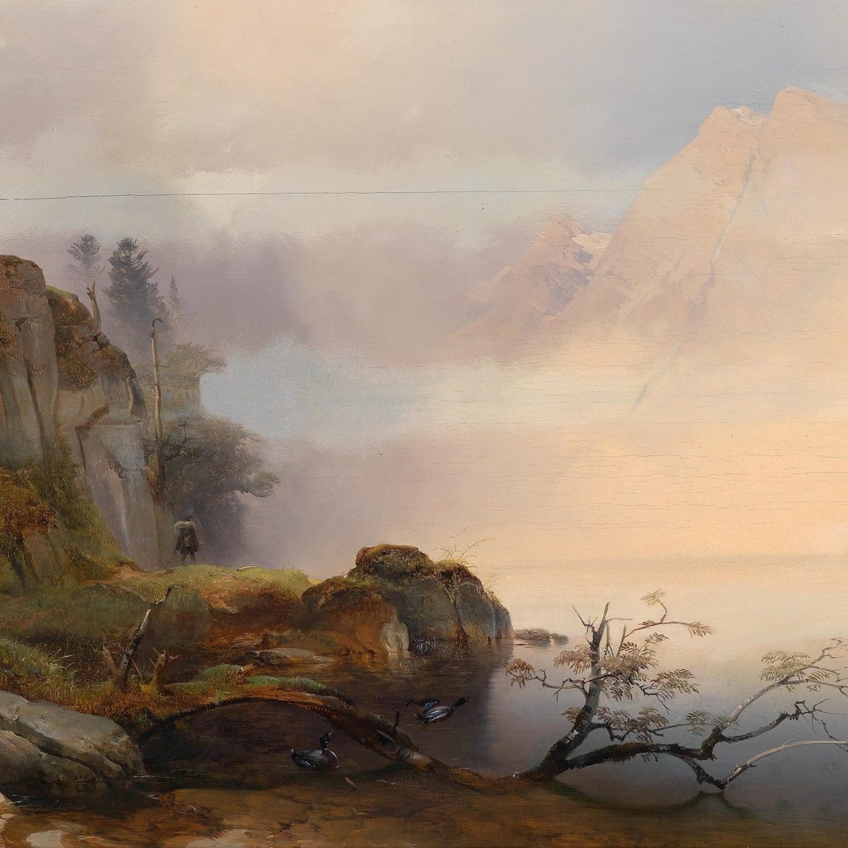 Landscape Oil Painting - Misty mountain lake & distant peaks - Oil Painting Haven