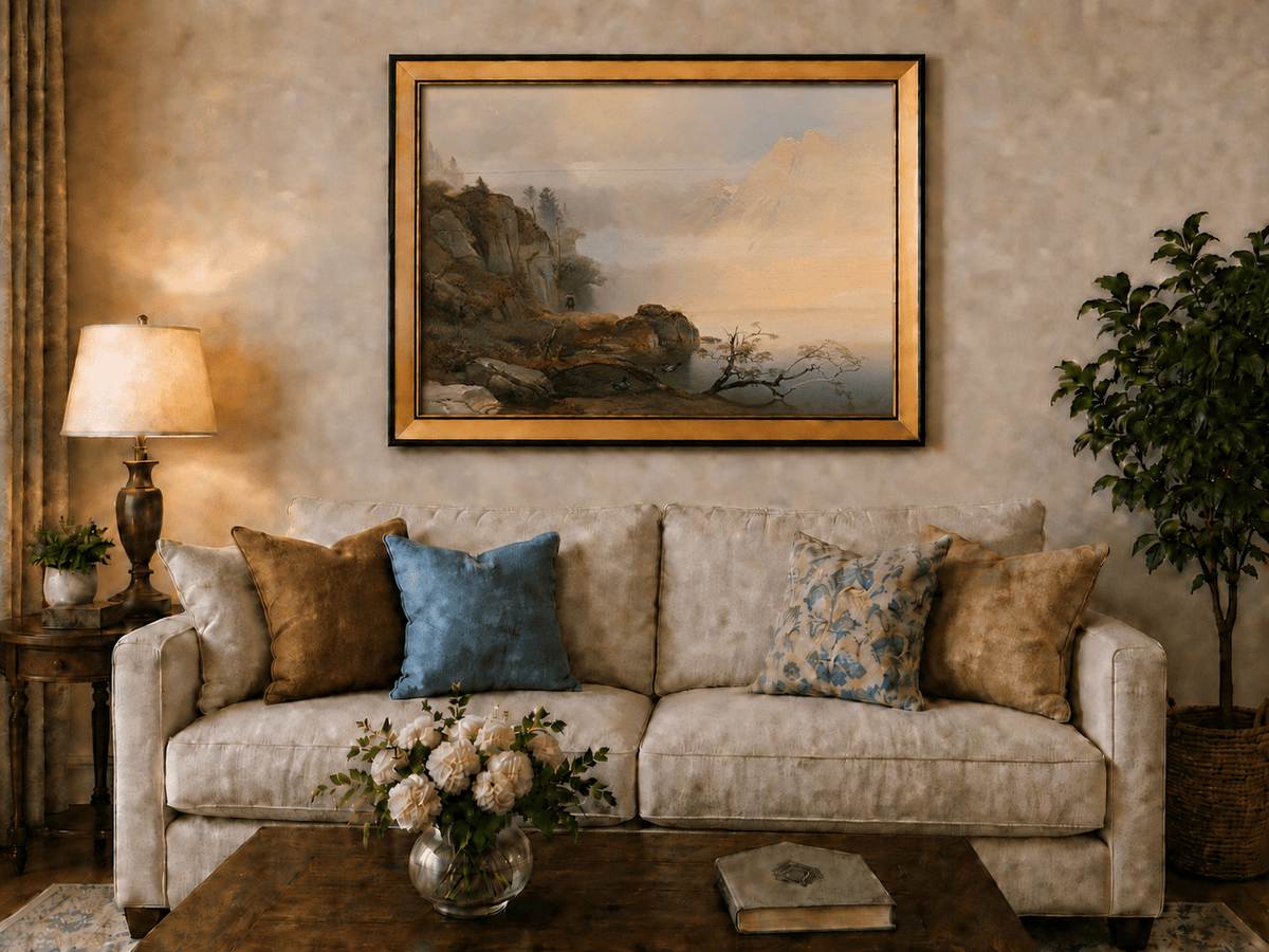 Landscape Oil Painting - Misty mountain lake & distant peaks