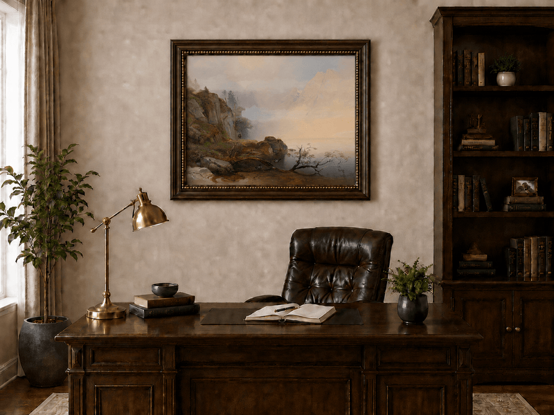 Landscape Oil Painting - Misty mountain lake & distant peaks