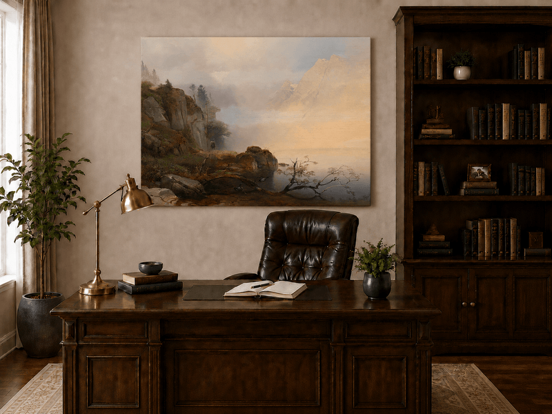 Landscape Oil Painting - Misty mountain lake & distant peaks