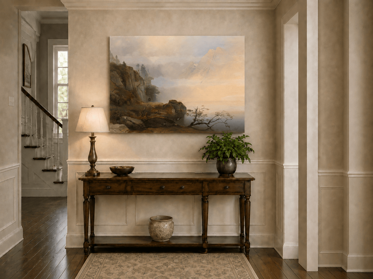 Landscape Oil Painting - Misty mountain lake & distant peaks