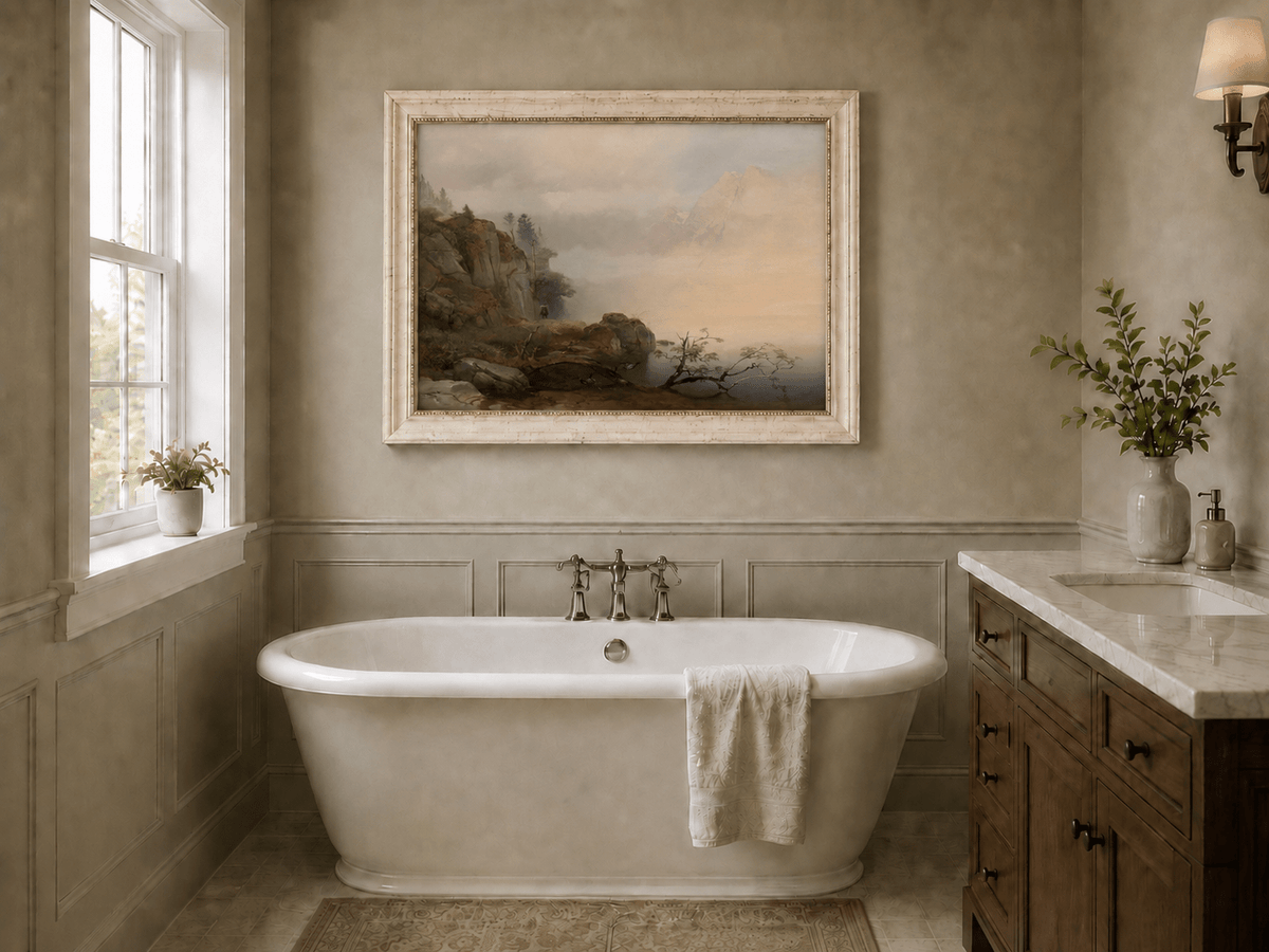 Landscape Oil Painting - Misty mountain lake & distant peaks