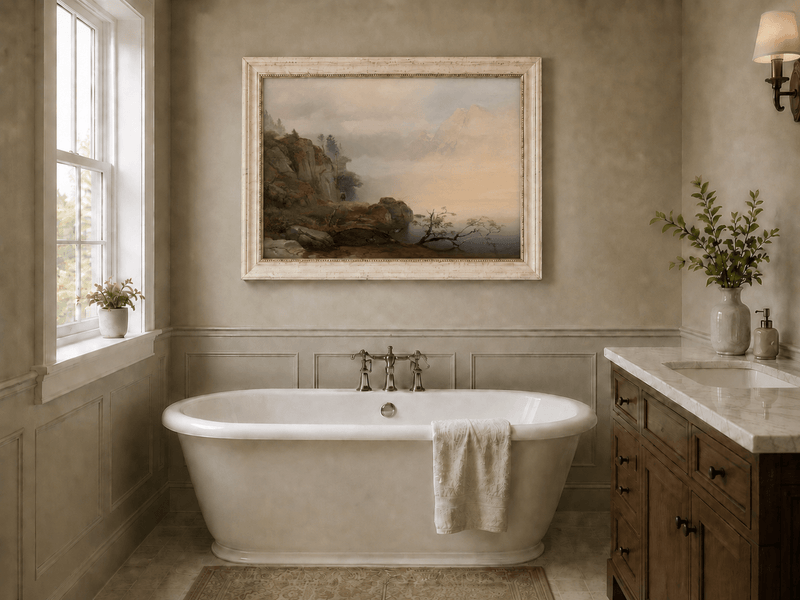 Landscape Oil Painting - Misty mountain lake & distant peaks