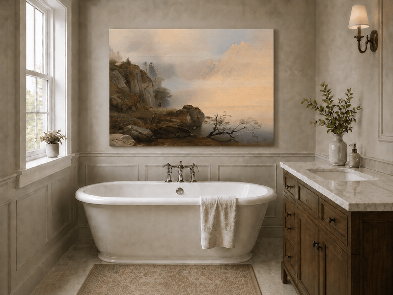 Landscape Oil Painting - Misty mountain lake & distant peaks