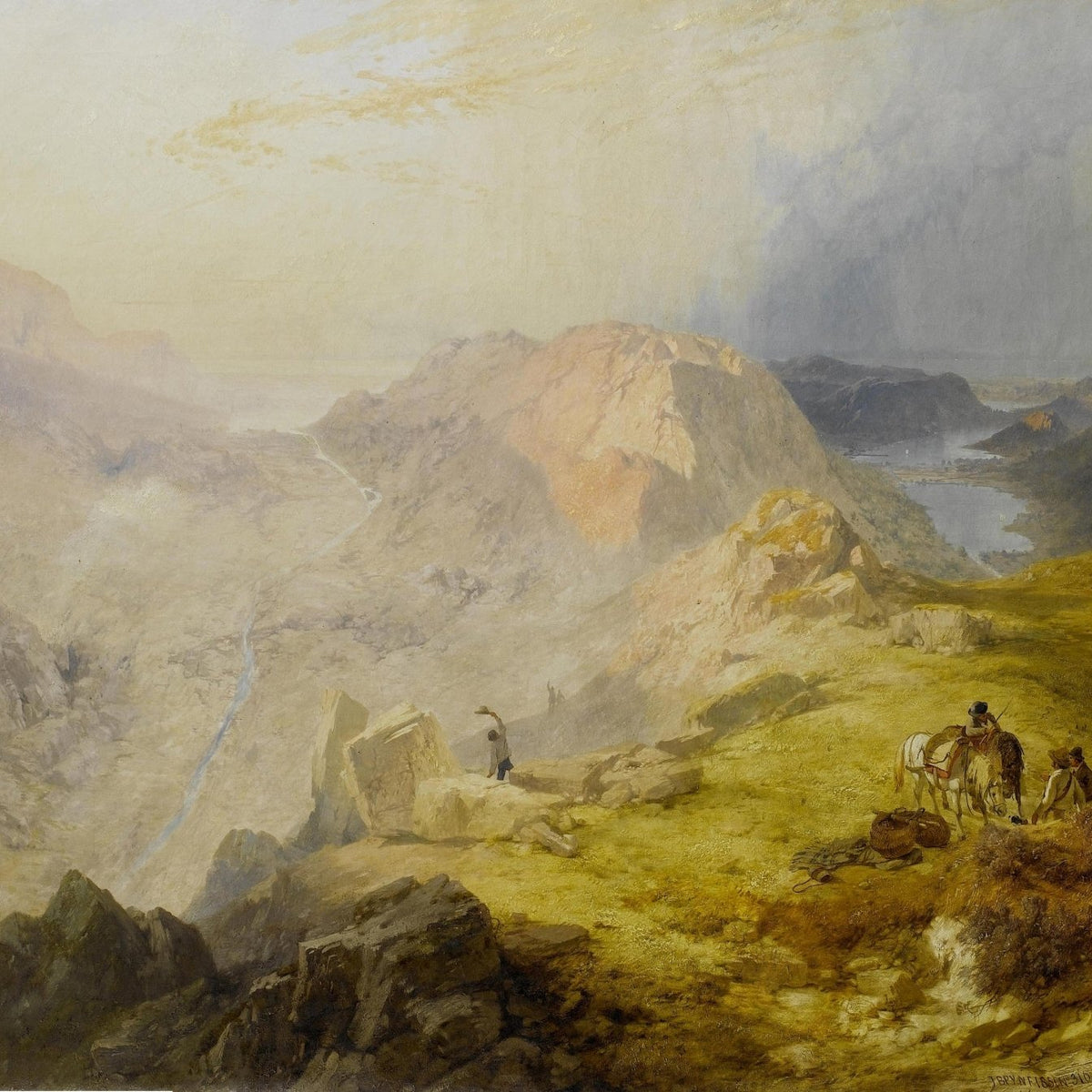 Hand-painted misty mountain pass with travelers landscape oil painting on canvas