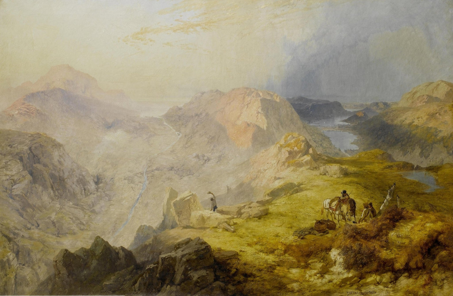 Hand-painted misty mountain pass with travelers landscape oil painting on canvas