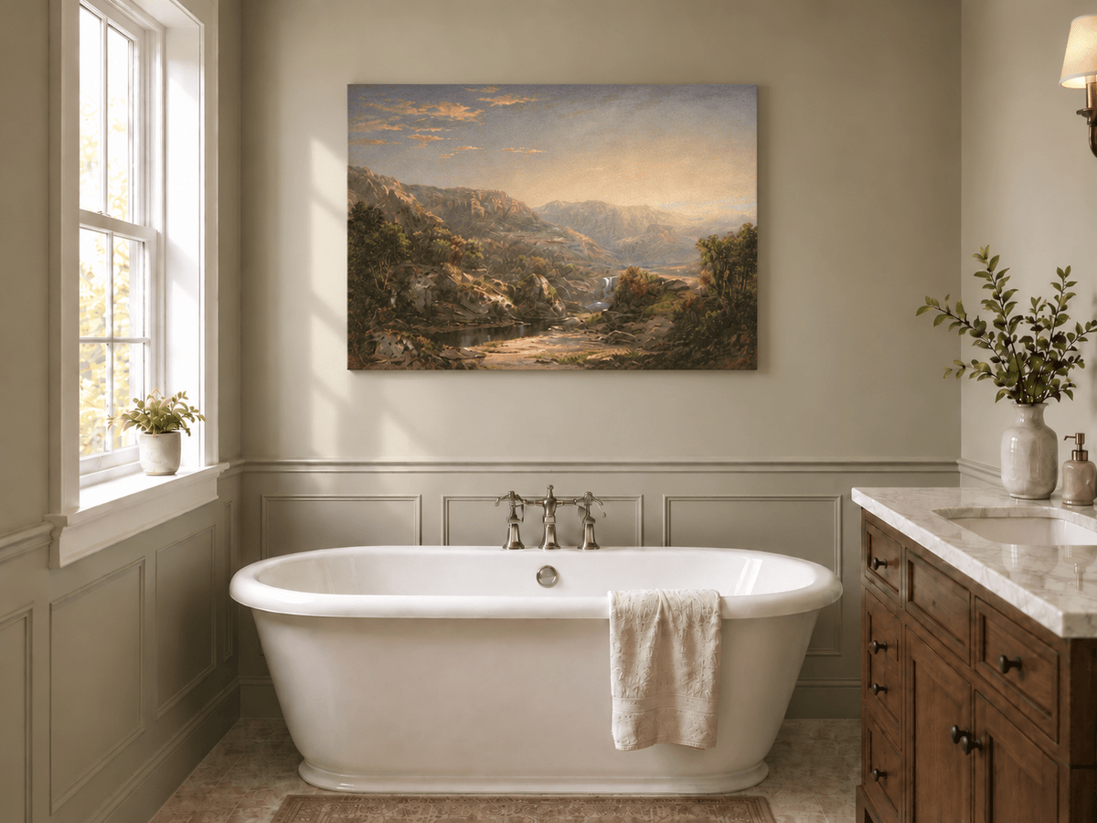 Landscape Oil Painting - Misty Mountain Valley with Waterfall