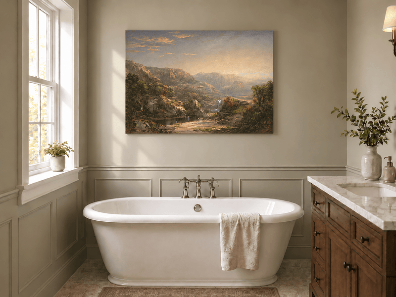 Landscape Oil Painting - Misty Mountain Valley with Waterfall