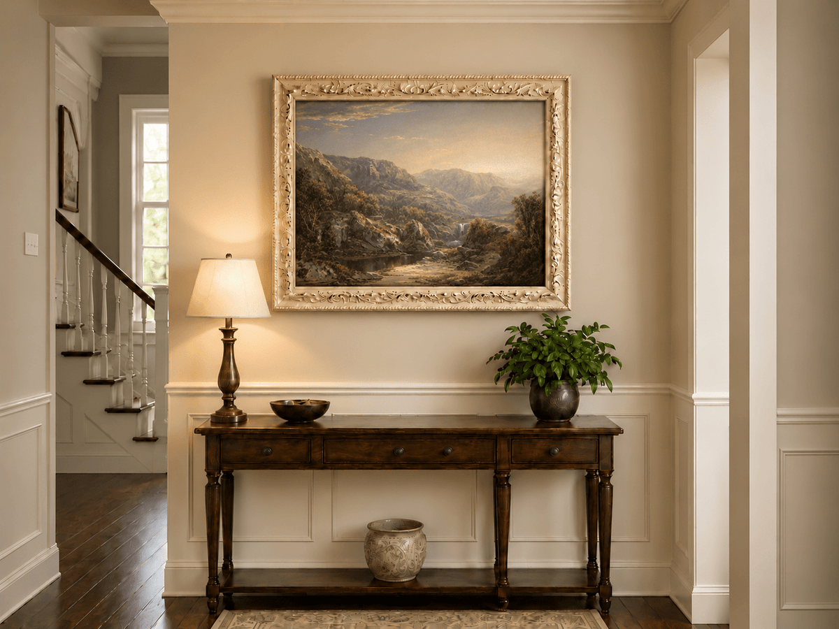 Landscape Oil Painting - Misty Mountain Valley with Waterfall