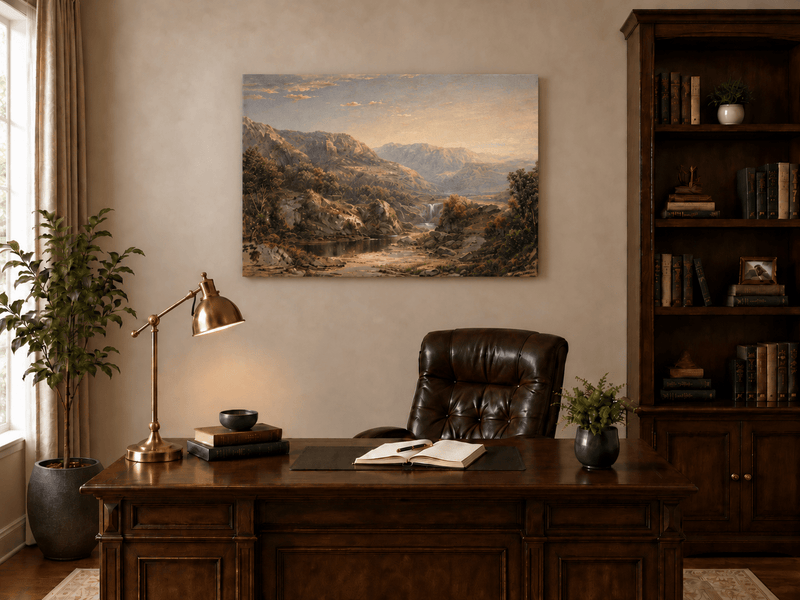 Landscape Oil Painting - Misty Mountain Valley with Waterfall