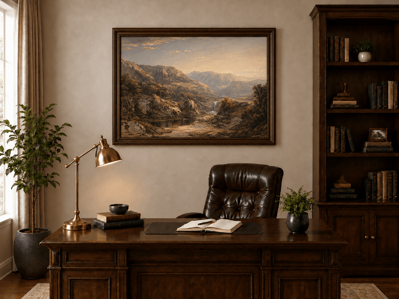 Landscape Oil Painting - Misty Mountain Valley with Waterfall