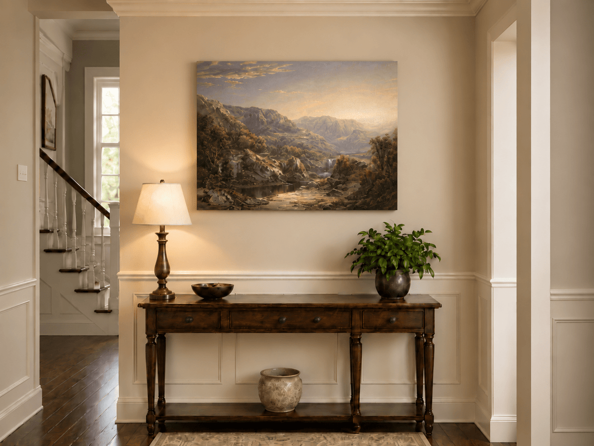 Landscape Oil Painting - Misty Mountain Valley with Waterfall