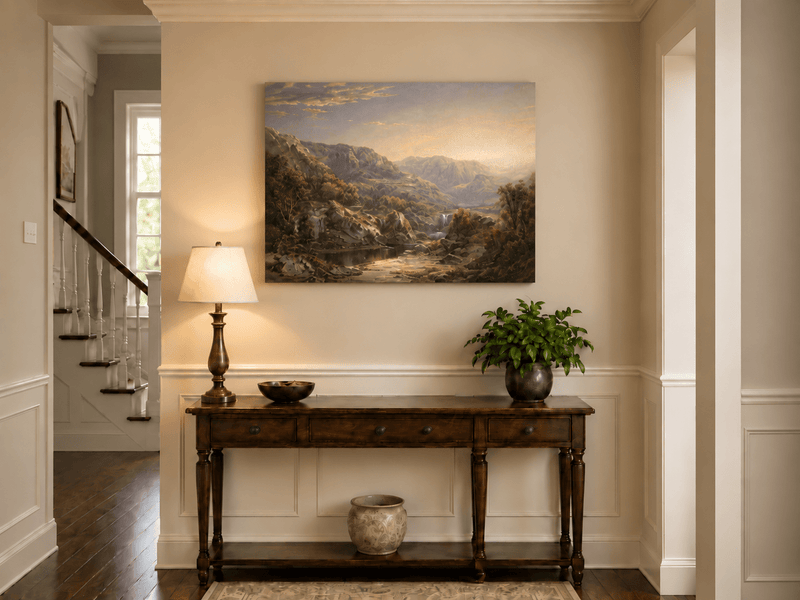 Landscape Oil Painting - Misty Mountain Valley with Waterfall