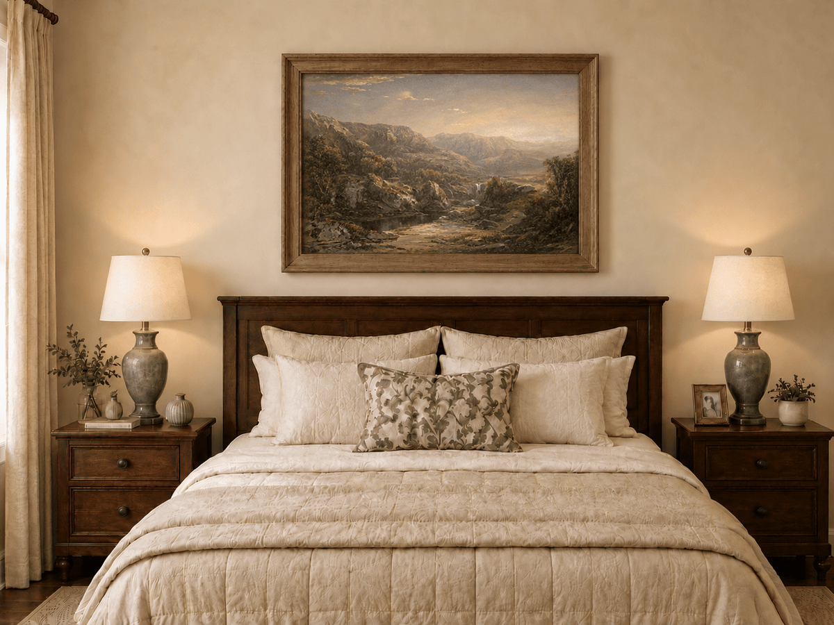 Landscape Oil Painting - Misty Mountain Valley with Waterfall