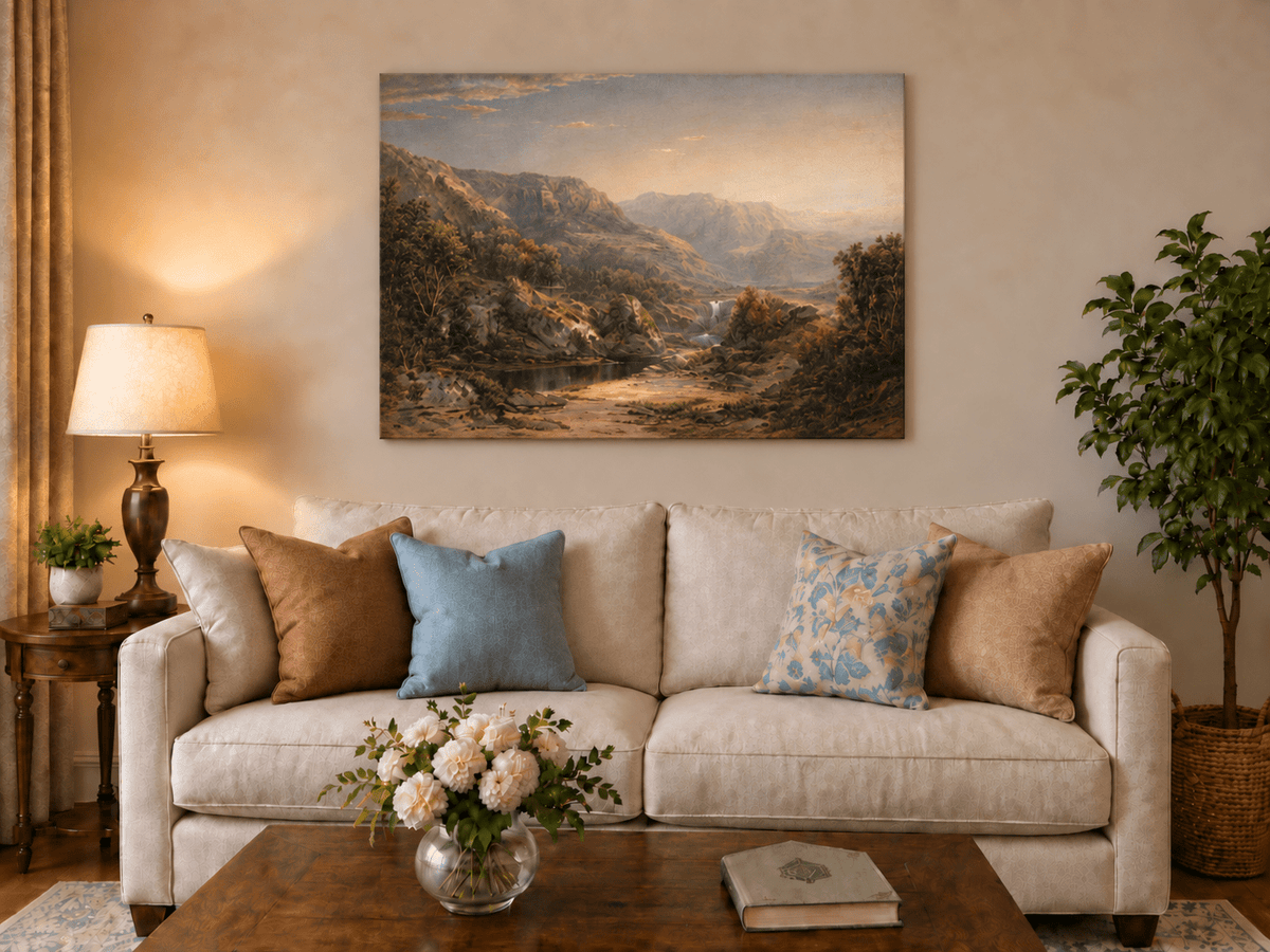 Landscape Oil Painting - Misty Mountain Valley with Waterfall