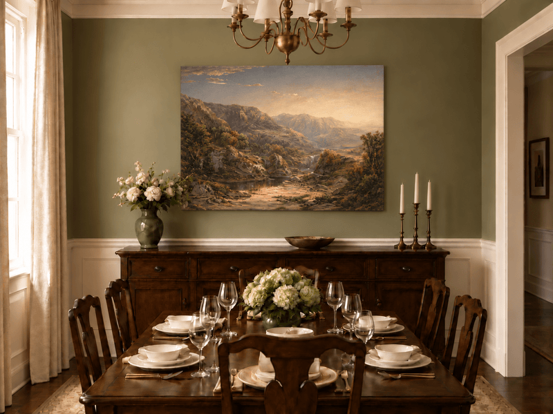 Landscape Oil Painting - Misty Mountain Valley with Waterfall