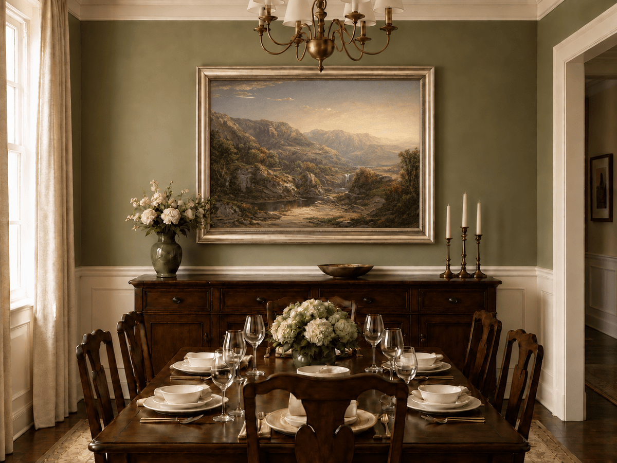Landscape Oil Painting - Misty Mountain Valley with Waterfall