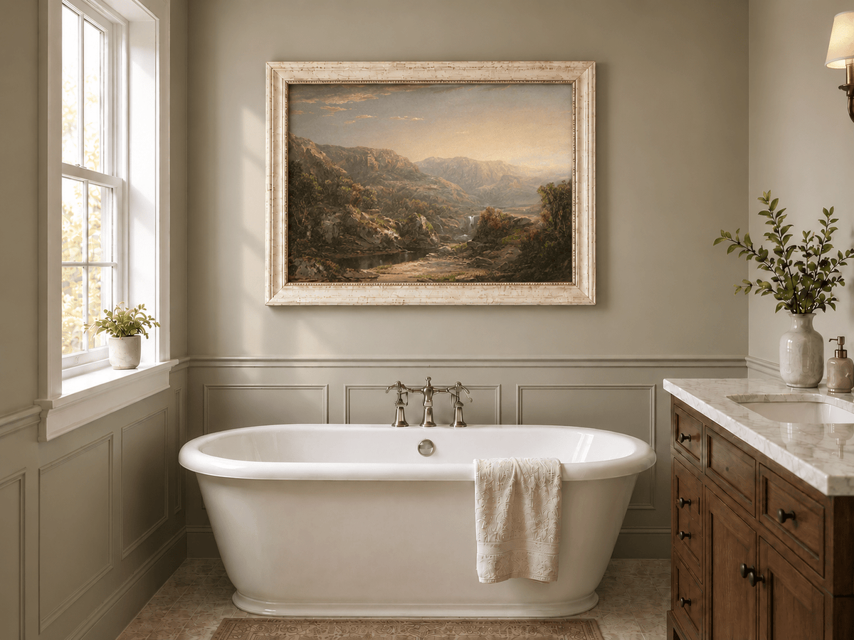 Landscape Oil Painting - Misty Mountain Valley with Waterfall