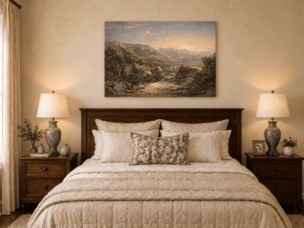 Landscape Oil Painting - Misty Mountain Valley with Waterfall