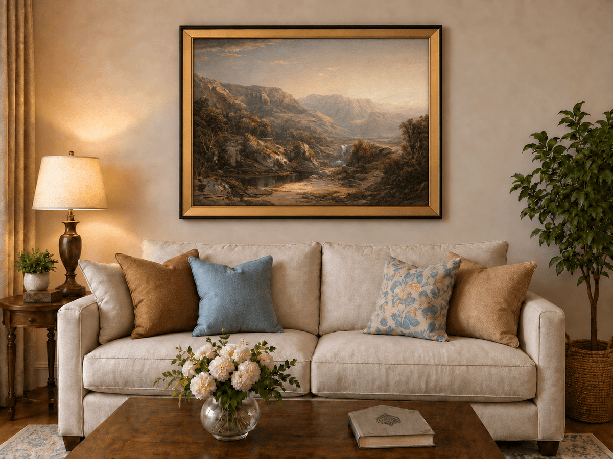 Landscape Oil Painting - Misty Mountain Valley with Waterfall