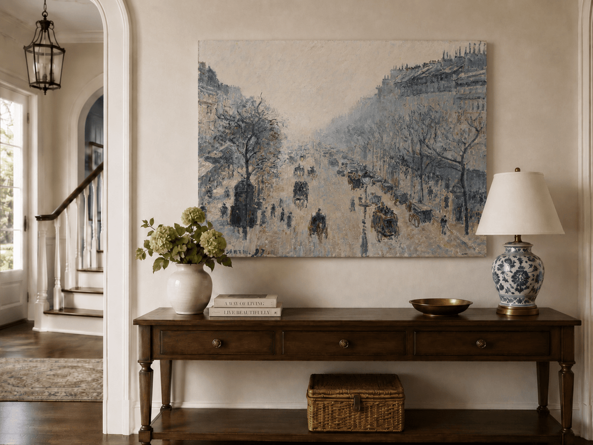 Peinture à l'huile de paysage - Gouffre rocheux spectaculaire avec personnages