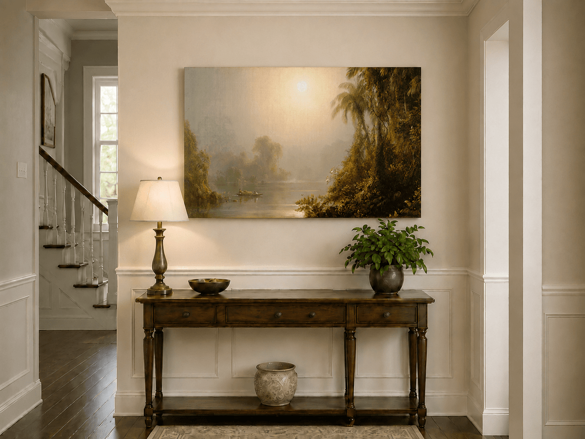 Misty river landscape painting shown as decorative oil wall art.