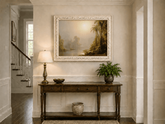 Misty tropical river, palms and glowing sun hand-painted oil artwork shown as home wall decor.