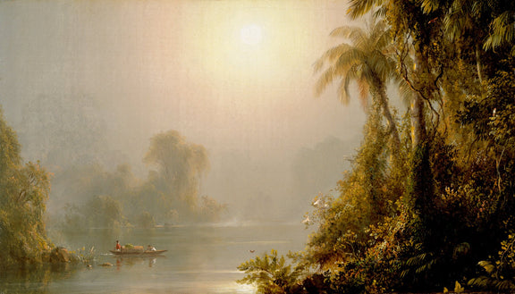 Landscape Oil Painting - Misty tropical river & palms, sun glow - Oil Painting Haven